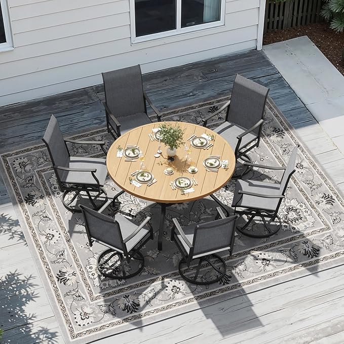 Soohow 7-Piece Outdoor Dining Set, Round Patio Dining Table and Chairs Set for 6, 6 x Swivel Patio Chairs and 47" Dining Table with 1.57" Umbrella Hole, Wood-Like, Ideal for Poolside, Backyard, Deck