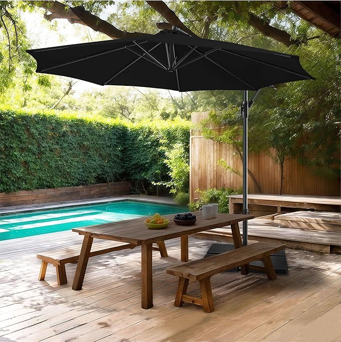 FLAME&SHADE 10ft Cantilever Patio Umbrella Outdoor, Large Offset Umbrella with Crank and Cross Base, UPF 50+ UV Protection Hanging Umbrella for Pool Deck Garden, Black