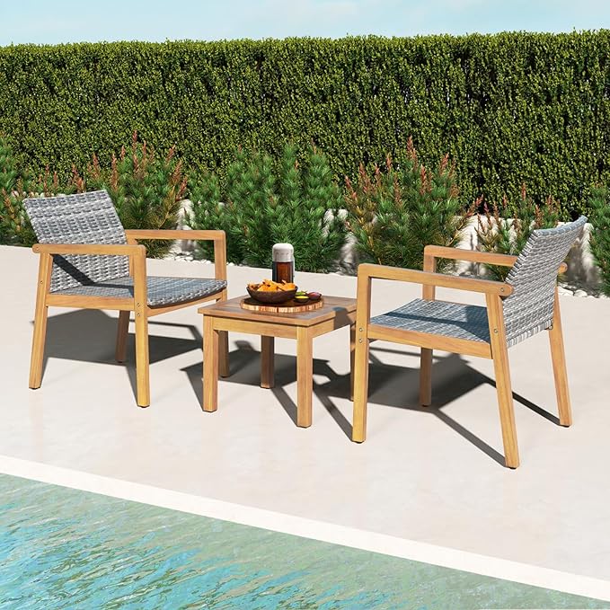 Tangkula 3 Pieces Outdoor Furniture Set, Acacia Wood Frame Sofa Set w/Rattan Seat & Back, Patio Conversation Set w/Coffee Table for Balcony, Poolside, Backyard (Mix Gray)