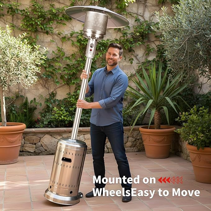 50,000 BTU Outdoor Propane Patio Heater with Wheels – All-Stainless Steel Gas Heater, Weighted Base, Easy Ignition & Safety Tilt Shut-Off for Patio, Backyard, Garden & Commercial Use