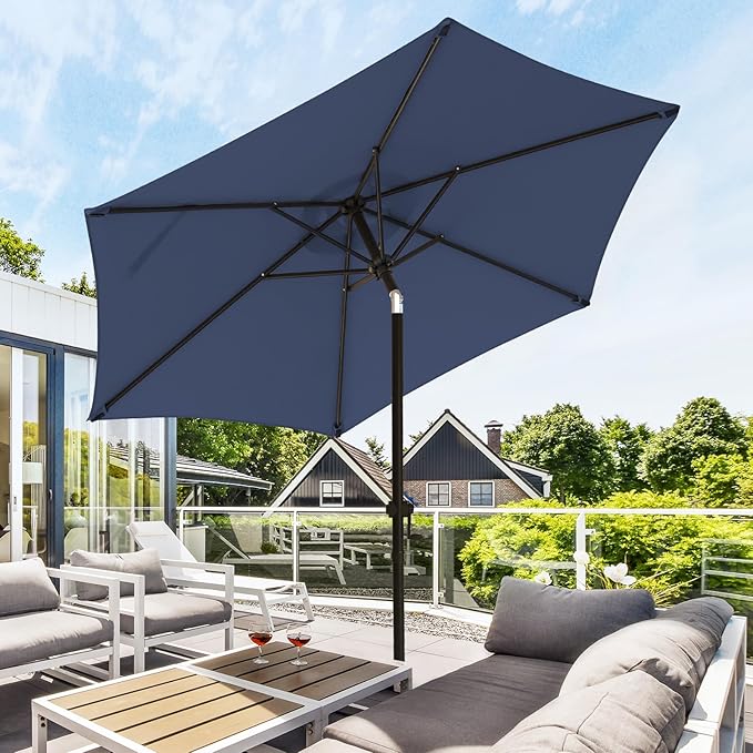 wikiwiki 7.5 FT Patio Umbrellas Outdoor Table Market Umbrella with Push Button Tilt/Crank, 6 Sturdy Ribs, Fade Resistant Waterproof POLYESTER DTY Canopy for Garden, Lawn, Deck, Backyard & Pool, Navy
