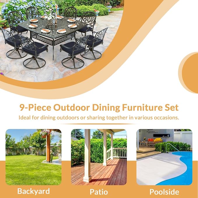 9 Piece Outdoor Patio Dining Set for 8, Cast Aluminium Large Square Dining Table & 4 Swivel Rocker Chairs, 4 Stationary, 8 Cushions, Umbrella Hole, Patio Furniture Set for Garden, Navy Blue
