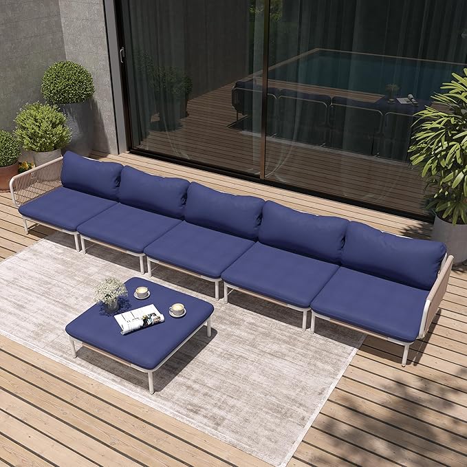 Patio Furniture Set, Outdoor Patio Furniture Oversized Metal Patio Sectional Sofa, 6-Seat Conversation Set with Cushion for Indoor and Outdoor, White Frame and Blue Mat