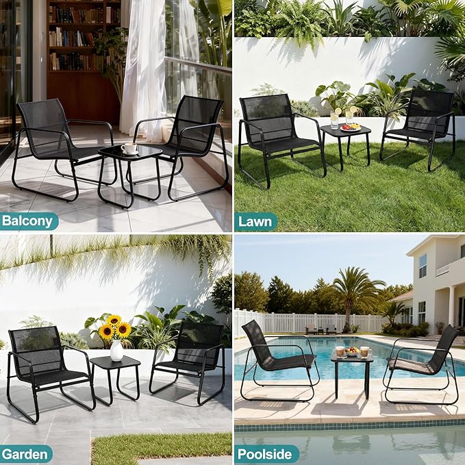 DUMOS 3 Piece Patio Furniture Set,Outdoor Patio Furniture Conversation Set with Table, Patio Sectional Bistro Sets for Lawn, Garden, Balcony, Poolside (Black)