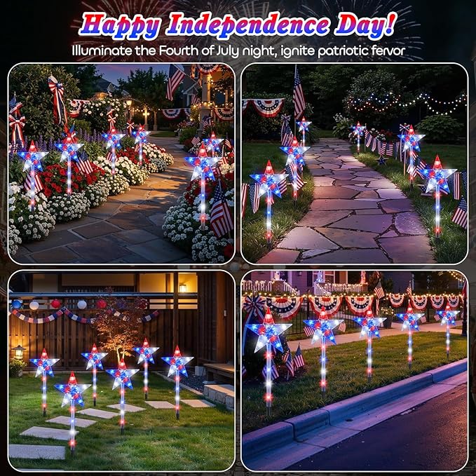 Lewondr 4th of July Decorations Outdoor, 6Pcs 8 Modes Solar Pathway Lights, Red White and Blue Star Solar Lights with 90 LEDs, Waterproof Fouth of July Decor for Yard Garden Independence Memorial Day