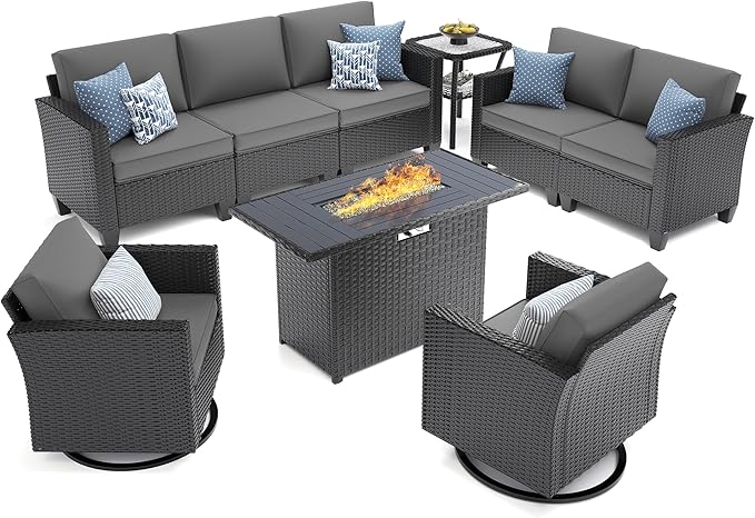 UDPATIO Patio Furniture Set with Fire Pit Table and Swivel Rocking Chairs, 6 Pieces Outdoor Wicker Furniture Set with Waterproof Cover, 4'' Thickened Cushion, Grey