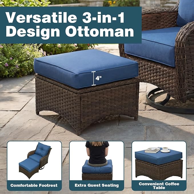 Luxury Patio Conversation Set, 5-Piece Ergonomic High Back Wicker Swivel Chair Set with 6-Inch Deep Seating Cushions, Large Patio Furniture Set for Garden, Deck & Balcony, Navy Blue