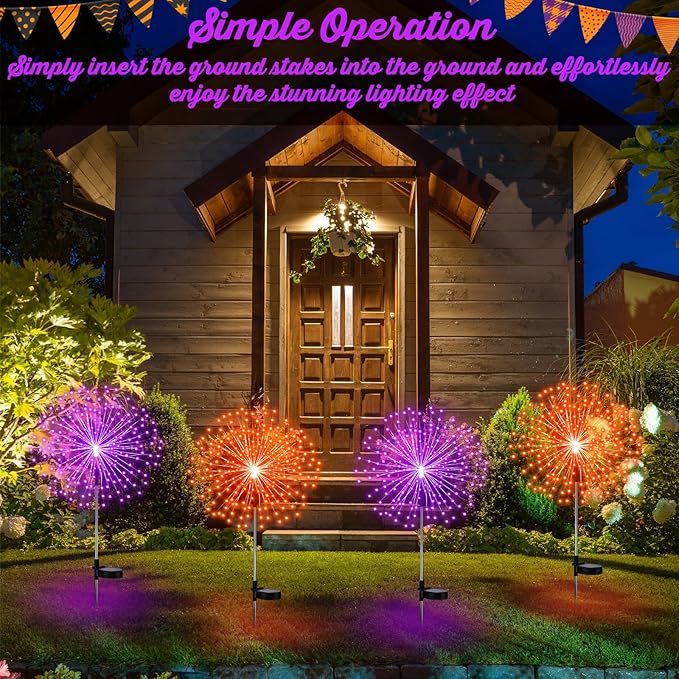 Tujoe 6 Pcs Easter Solar Firework Stake Lights 180 LED 8 Modes Solar Waterproof LED Sparkler Lights Outdoor Decoration for Christmas Holiday Garden Patio Yard Pathway Walkway, Orange, Purple