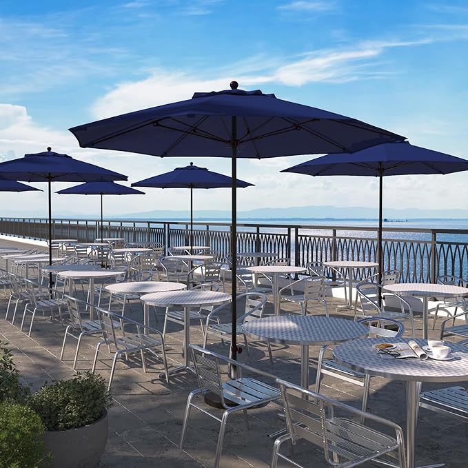 California Umbrella 9' Rd. Venture Series Contract Grade Patio Umbrella, Push Open Pin Stop, Bronze Finish, Sunbrella True Blue