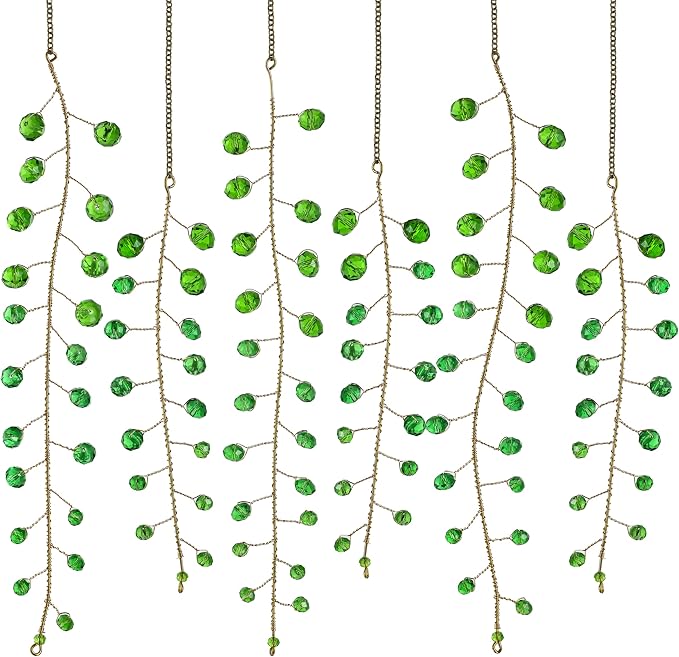 6 Pcs Crystal Beaded Suncatchers Artificial Green Plants Hanging Wind Chime | Beaded Glass Plant Suncatcher with Chain for Window Indoor Outdoor Potted Plants Decorations Plant Lover Gift