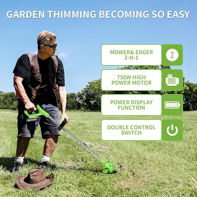 Cordless String Trimmer, 21V Electric Weed Trimmer Battery Powered with 2X 2.0 Ah Batteries, 3 in 1 Stringless Grass Trimmer/Lawn Edger/Brush Cutter, 3 Types Blade, for Yard Lawn