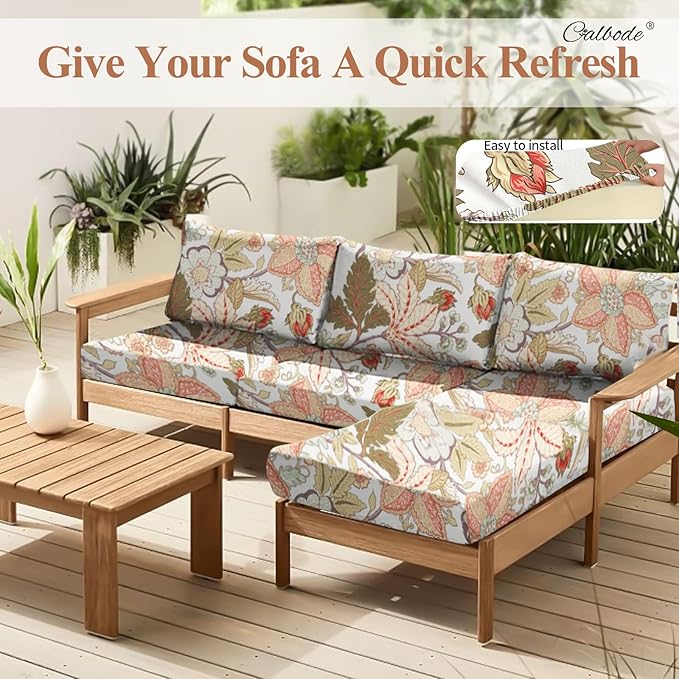 CALBODE 12Pcs High Elastic Digitally Printed Sofa Seat Cushion Cover, Soft & Comfortable Reusable Floral Print Stretch Couch Cushion Slipcover for Outdoor Furniture Protector Replacement(Cover Only