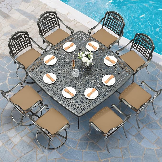 MEETWARM 9-Piece Outdoor Patio Dining Set for 8, All Weather Cast Aluminum Patio Funiture Table and Chairs Set- Large 64" Square Table and 4 Swivel Rocker Chairs, 4 Stationary for Garden, Khaki