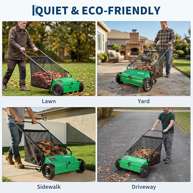 Push Lawn Sweeper 26Inch-Heavy Duty Walk Behind Leaf Collector and Yard Sweeper for Outdoor,Patio,Driveway,Garden Grass Sweepers,4 High Speed Spinning Brush,7 Cu. ft. Hopper Capacity