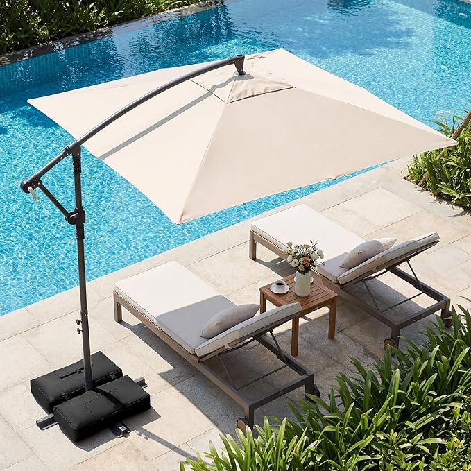 Tangkula 8x8 FT Patio Umbrella with Base Included, Square Offset Cantilever Outdoor Umbrella with 360 Degree Rotation, Crank Handle, Sandbags, 8 Ribs for Pool Deck Garden Backyard