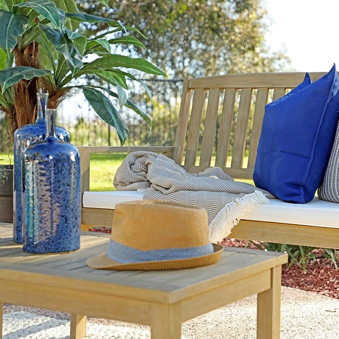 Coaster Home Furnishings Jonah 4 Piece Contemporary Wooden Outdoor Patio Conversation Set with 2 Armchairs, 1 Bench, 1 Table, and Beige Cushions