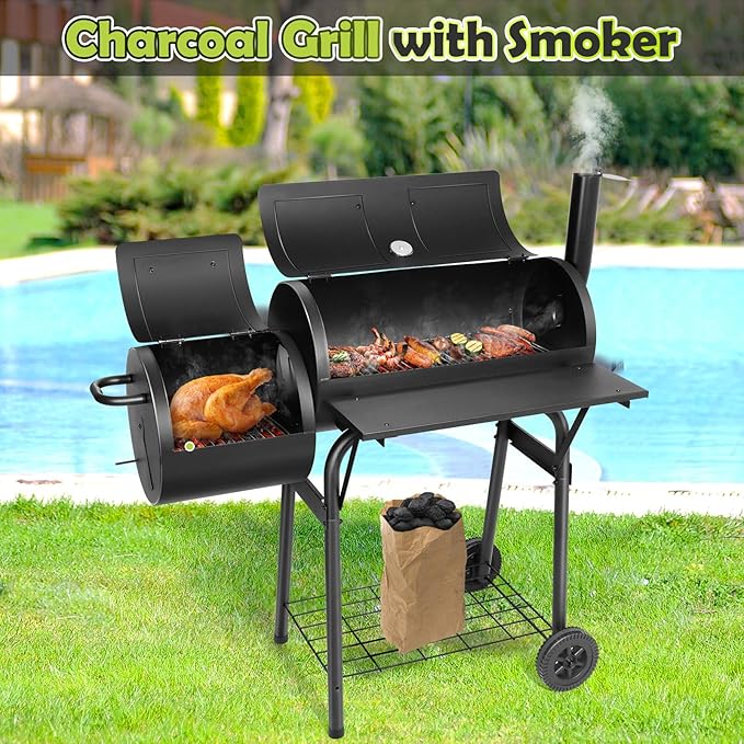 HaSteeL Outdoor Charcoal Grill with Cover, Large Barrel BBQ Grill with Offset Smoker, Great for Camping Patio Backyard Garden Party Picnic Beach, Large 420.SQ.IN Cooking Area, 2 Screwdrivers - Black