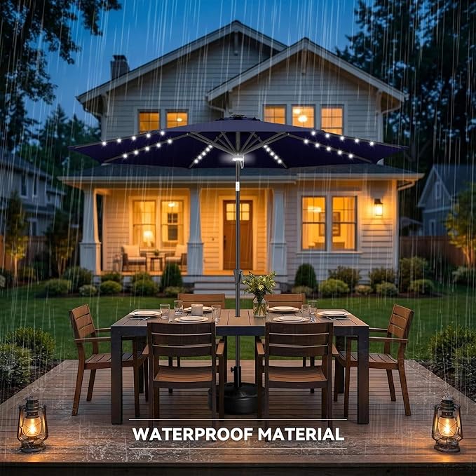 10ft Solar Umbrella Outdoor - Lighted Solar Patio Umbrella with 40 LED Lights Waterproof UV Protection, Table Umbrella with Tilt for Pool, Porch, Garden, Deck, Backyard (Navy Blue)
