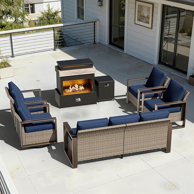 6 Pieces Wicker Patio 75" Sofa Set with 2 Armchairs, 2 Swivel Chairs, Fireplace, All Weather Rattan Outdoor Conversation Furniture Set with Metal Armrest & Removable Cushions for Deck, Dark Blue