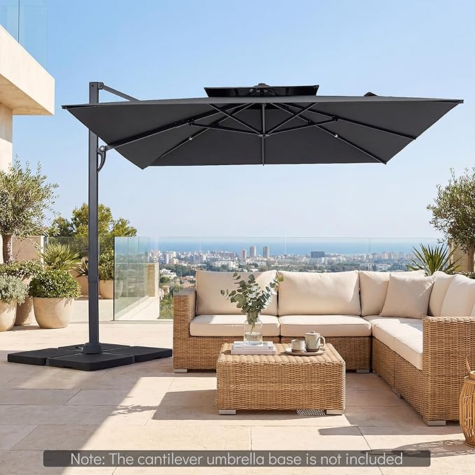Tangkula 10 FT Patio Cantilever Umbrella, Large Square Offset Hanging Umbrella w/ 360° Rotation, 8 Sturdy Ribs, Air Vent & Cross Base, Heavy-Duty Outdoor Sun Shade for Backyard Pool Garden Deck, Grey