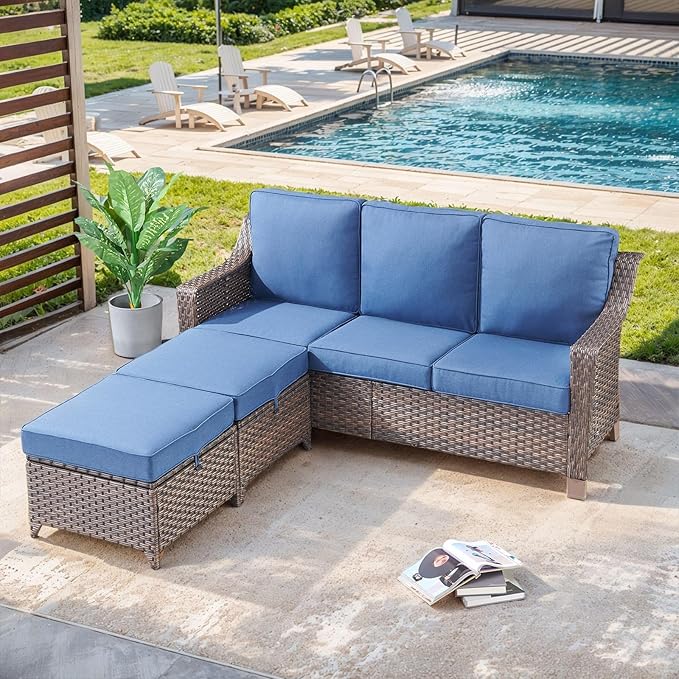 3 Pieces Patio Conversation Sets-All-Weather Wicker Sectional Couch with Ottomans for Deck Balcony Poolside Backyard-Brown/Blue
