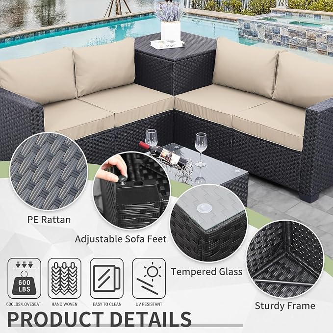 4-Piece Outdoor Patio Furniture Set with Black PE Wicker Rattan Sectional Loveseat Couch, Conversation Sofa with Storage Box, Glass Top Coffee Table, Non-Slip Cushions for Backyard and Garden