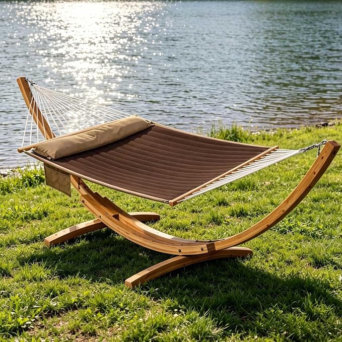 Lazy Daze Hammocks 2 Person Double Quilted Hammock with Spreader Bar, Detachable Pillow & Side Pocket, 450lbs Capacity for Patio Yard Garden Outdoor, Brown