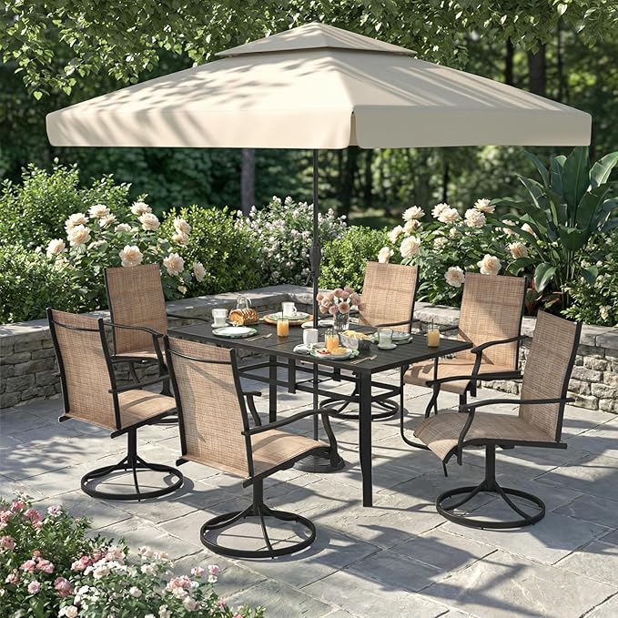 7 Pieces Patio Table and Chairs Set, 63" Metal Dining Table with Umbrella Hole, 6 High Back Textilene Swivel Chairs, Dining Table Set for 6, Outdoor Furniture for Porch Deck Yard Balcony, Brown