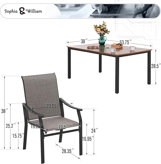 Sophia & William Patio Dining Set 7 Pieces, 6 Quick Dry Textilene Chairs and Large 64" Metal Dining Table, Durable All-Weather Patio Furniture for Lawn, Park, and Courtyard Support 350lbs