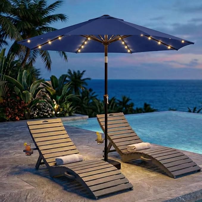 Kingdura 10FT Outdoor Patio Umbrella with Solar Lights, Market Table Umbrella with Push Button Tilt & Crank, 8 Sturdy Ribs, 32 LED Lights, UV Protection for Garden Lawn Deck Backyard Pool (Navy blue)