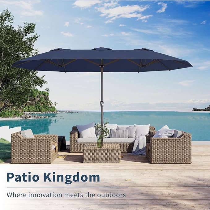 PatioKingdom 15FT Large Patio Umbrella with Base, Double Sided Rectangular Outdoor Umbrella with Sturdy Fiberglass Ribs, Market Umbrella for Pool,Garden,Backyard,Deck (Navy, 15FT)