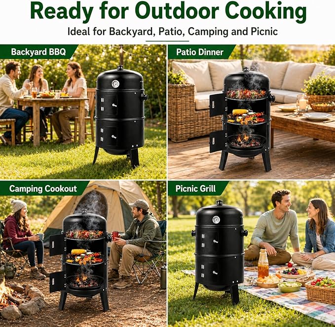 16 Inch Charcoal Smoker for Meat, Vertical Smoker Grill, Small Smoker for Backyard, Patio and Camping | 4-in-1 BBQ Smoker with Built-In Thermometer, Adjustable Air Vent, 2 Cooking Racks