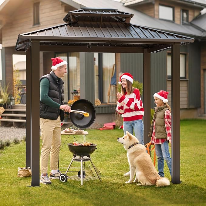 Hoteel 6x8ft Hardtop Grill Gazebo, Outdoor Patio Aluminum Frame Barbecue Gazebo with Galvanized Steel Double Roof and 2 Side Shelves for Deck Lawn Backyard Garden and Party, Brown(2026 Version)