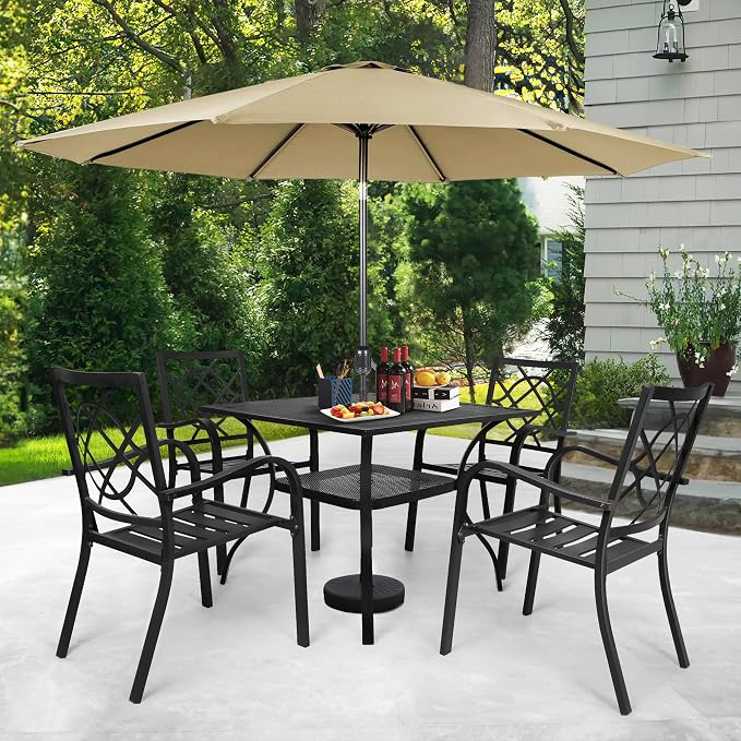 SUNCROWN 6-Piece Outdoor Wrought Iron Chairs and Table Patio Dining Furniture Set - 4 Stackable Metal Chairs, 1 Steel Slat Bistro Table and 1 Brown 9Ft Patio Umbrella for Garden Backyard Deck