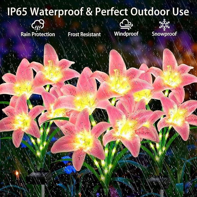 Solar Lights Outdoor, Gift for Women Mom Grandma Wife Daughter, 4 Pack 16 Solar Pink Lily Flower Lights, Solar Flower Lights Waterproof, Outside Decor Stake Light for Landscape Yard Patio Lawn Garden