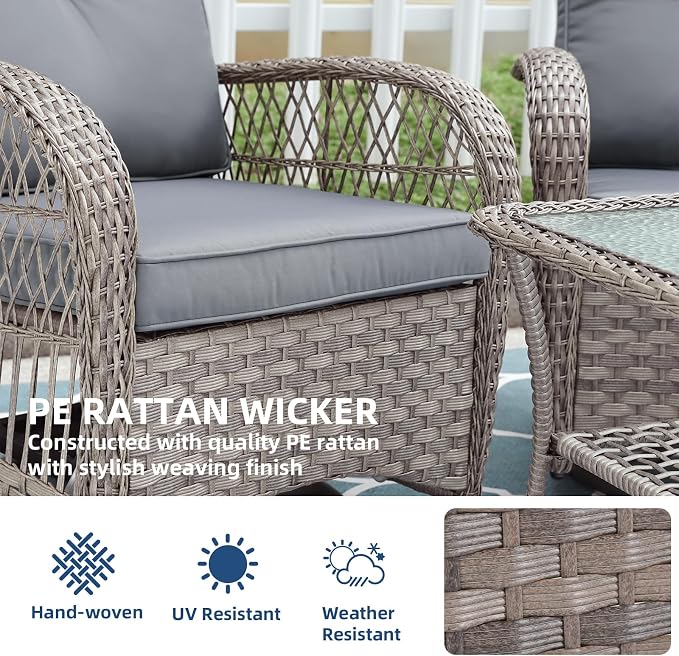 7-Piece Wicker Patio Furniture Sets Outdoor All-Weather Rattan Conversation Set Includes Glider Loveseat, 2 Glass-Top Coffee Tables, 2 Swivel-Gliders Chairs for Porch Backyard, Gray