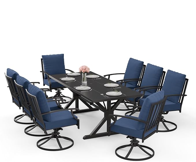 ALAULM 9-Piece Patio Dining Set,Outdoor Metal Dining Set with 8 Swivel Chairs & Rectangle Table with 1.5 Umbrella Hole, Patio Dining Table and Chairs for Backyard,Navy