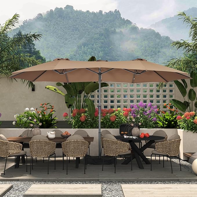 15 ft Patio Umbrella with Base, Large Rectangle Outdoor Umbrella with Matching Stand, Strap, Crank, Coffee