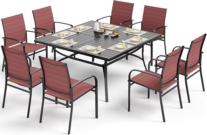 SUNSHINE VALLEY Patio Dining Set for 8, 60" x 60" Square Metal Table with Umbrella Hole, 8 x Stable Dining Chairs, Outdoor Table and Chairs Set for Lawn Backyard and Deck, Red