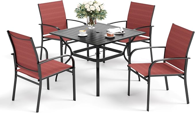 SUNSHINE VALLEY 5 Piece Patio Dining Set for 4, 37”Square Table with Umbrella Hole, 4 x Metal Red Chairs, Outdoor Table and Chairs for Lawn and Deck