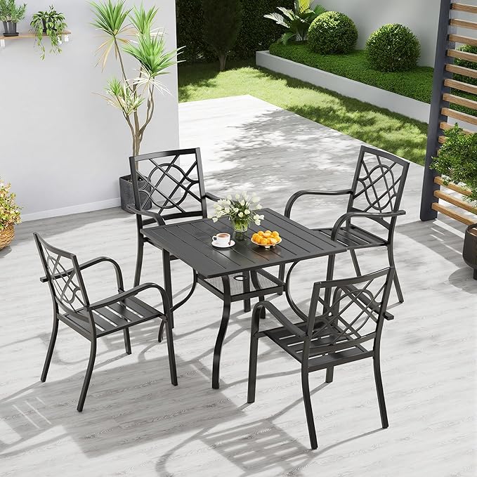 Crownland 5 Piece Outdoor Dining Set, Patio Metal Dining Sets, 4 Stackable Metal Chairs and Square Outdoor Dining Table with 1.57" Umbrella Hole, for Backyard, Lawn, Garden (Classic Black)