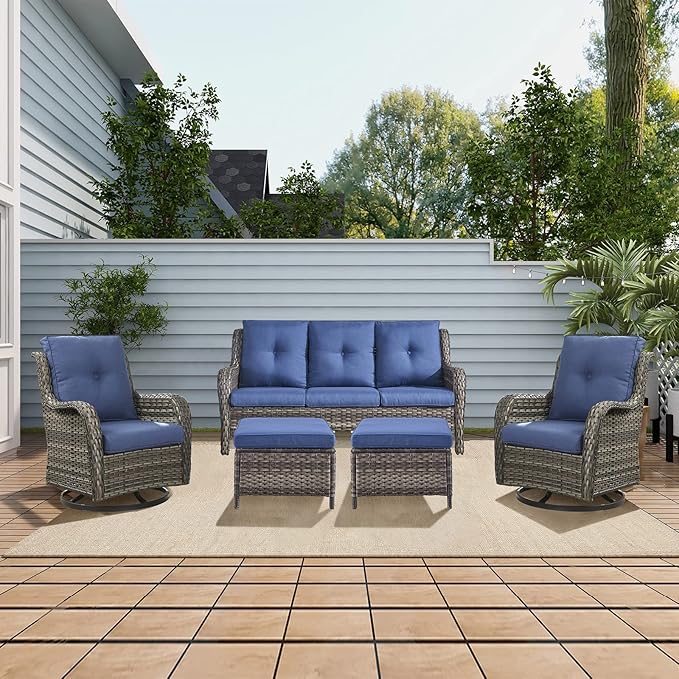 Rilyson 3 Piece Wicker Patio Furniture Set - Outdoor Rattan Patio Comversation Set with 1 Sofa and 2 Ottomans for Outside Porch Deck Garden(Mixed Grey/Blue)