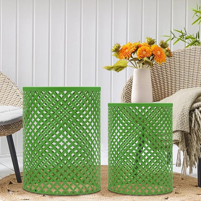 Side Table Set of 2, Iron Side Table 14.6x19.3In & 12.6x16.5In, Metal Accent Table with Openwork Flower Pattern, Cylindrical Freestanding Outdoor End Table for Patio Garden Living Room (Green)