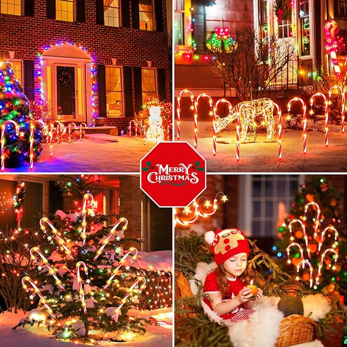 BUCASA 12 Pack Christmas Decorations Outdoor Solar Candy Cane Lights, Solar Christmas Pathway Lights with USB Charge, 10 Modes 72 LEDs Waterproof Outdoor Christmas Decorations for Garden Yard Pathway