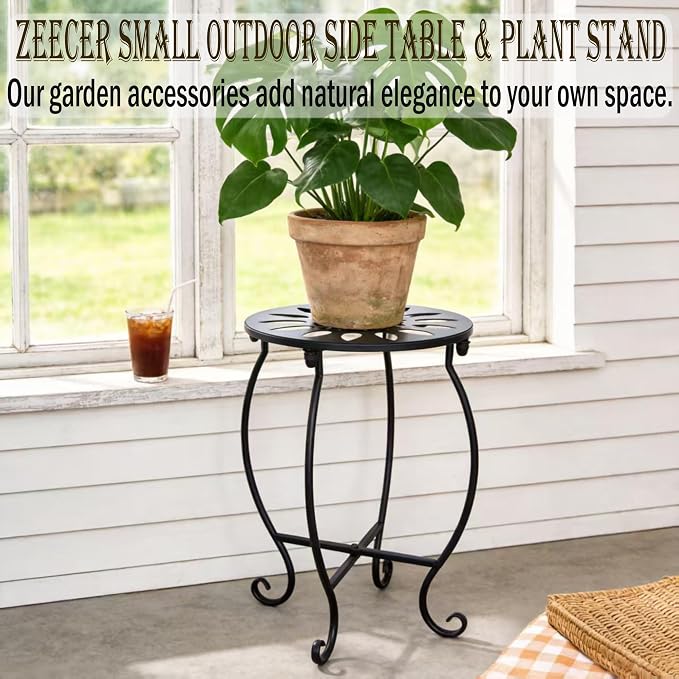 MINI Outdoor Side Tables, 10" Round 15" Tall Patio Side Table Plant Stand, Set of 2 Metal Small Round Side Table for Patio Yard Porch Balcony Garden Bedside Indoor Outdoor Use