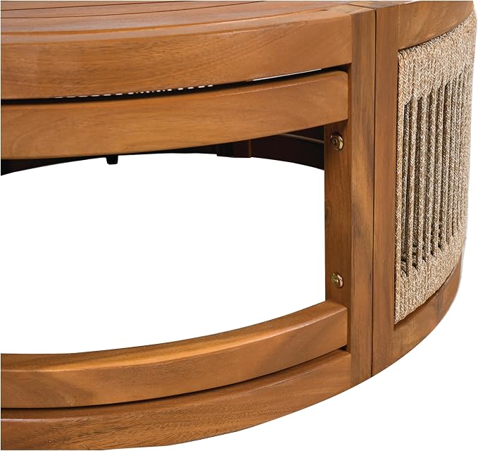 Christopher Knight Home Puekest Acacia Wood Coffee Table with Woven Rope Accents, Outdoor Patio Slatted Round Centerpiece, Boho Chic Garden Sofa Side Accent Table for Modern Decor, 27.95" W, Teak