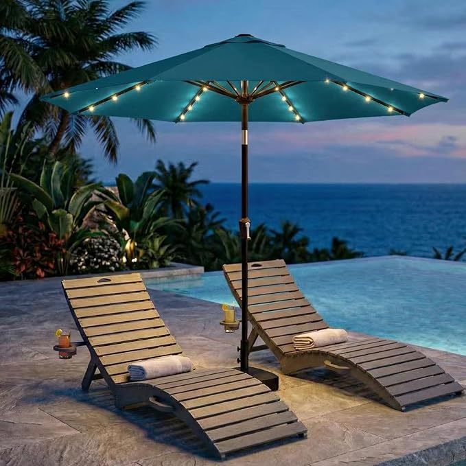 Kingdura 10FT Outdoor Patio Umbrella with Solar Lights, Market Table Umbrella with Push Button Tilt & Crank, 8 Sturdy Ribs, 32 LED Lights, UV Protection for Garden Lawn Deck Backyard Pool (Lake blue)