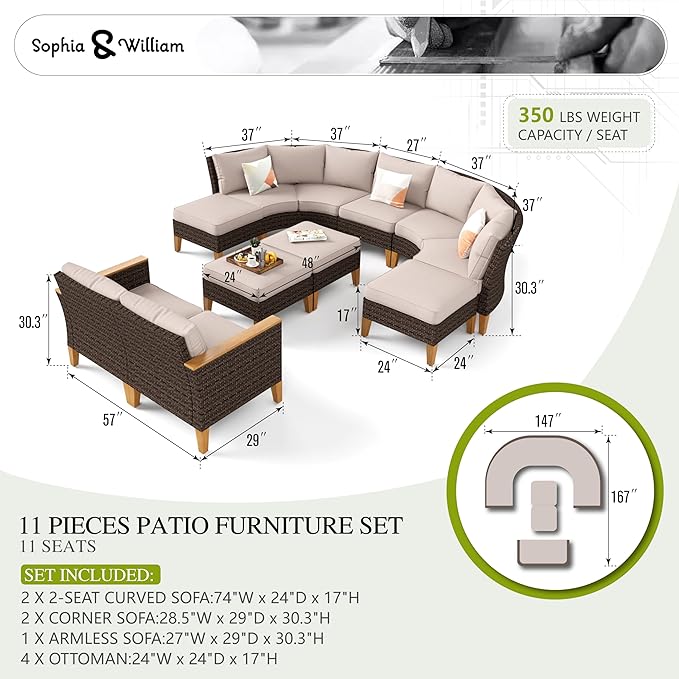 Sophia & William Outdoor Wicker Sectional Sofa Set, Half Moon Curved Patio Furniture Set with Ottman, High Back Patio Rattan Conversation Set for Porch, Backyard,Pool(Beige, 11 Piece)