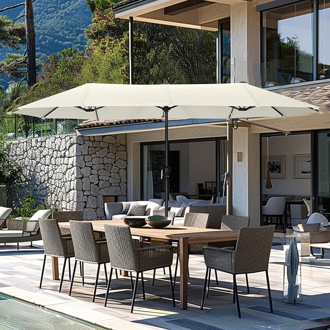 GREEN PARTY 13ft Rectangle Patio Umbrella, Double Sided Outdoor Table Umbrella with Crank & 1.5" Pole, Large Market Umbrella for Poolside Garden Deck Backyard, Ivory
