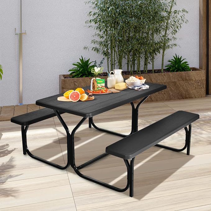 ORALNER Picnic Table, Resin Dining Table & 2 Benches Set, Weather Resistant Wood Grain Tabletop & Steel Frame, Plastic Picnic Tables for Outdoors, Porch Yard Patio Lawn Party Camping (Black)